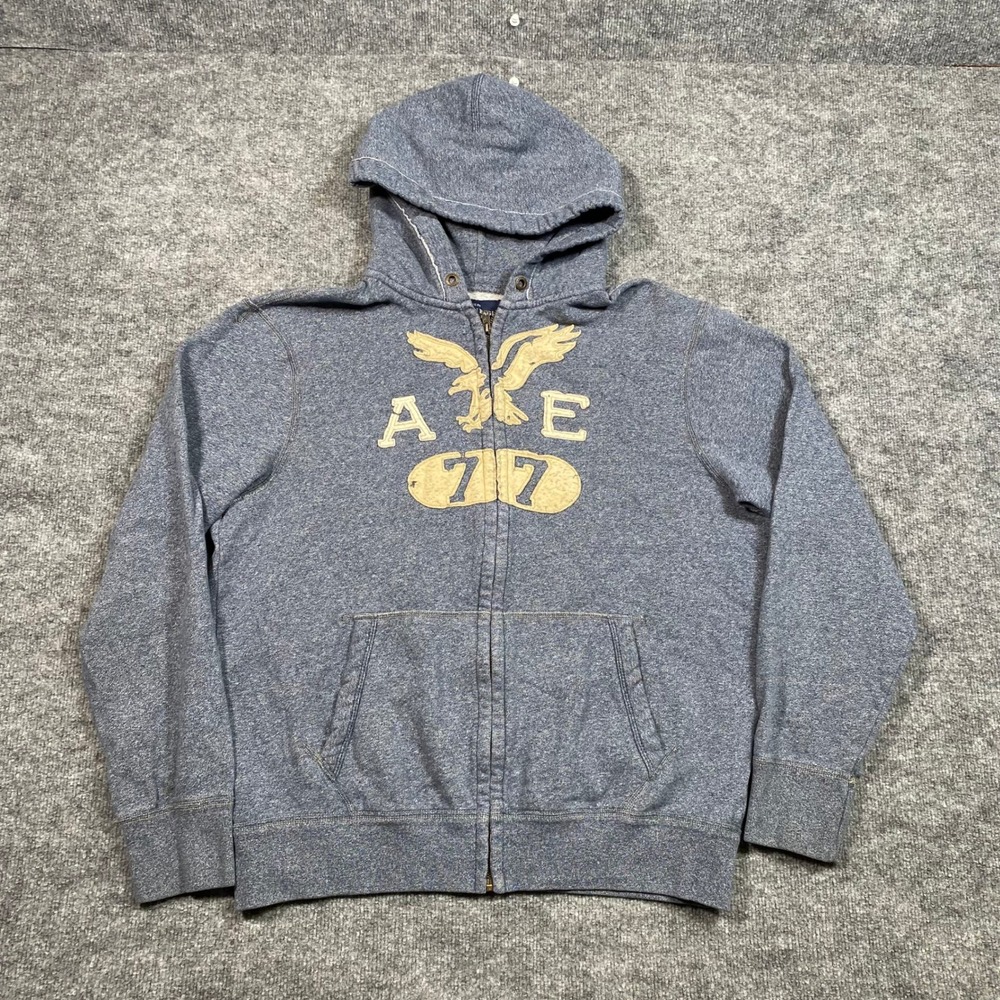 American Eagle Outfitters Mens XL Blue Heather Full Zip‎ Eagle Graphic Hoodie